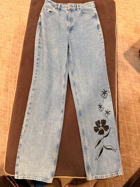 PacSun Light Blue Straight Leg Jeans with Black Floral Print